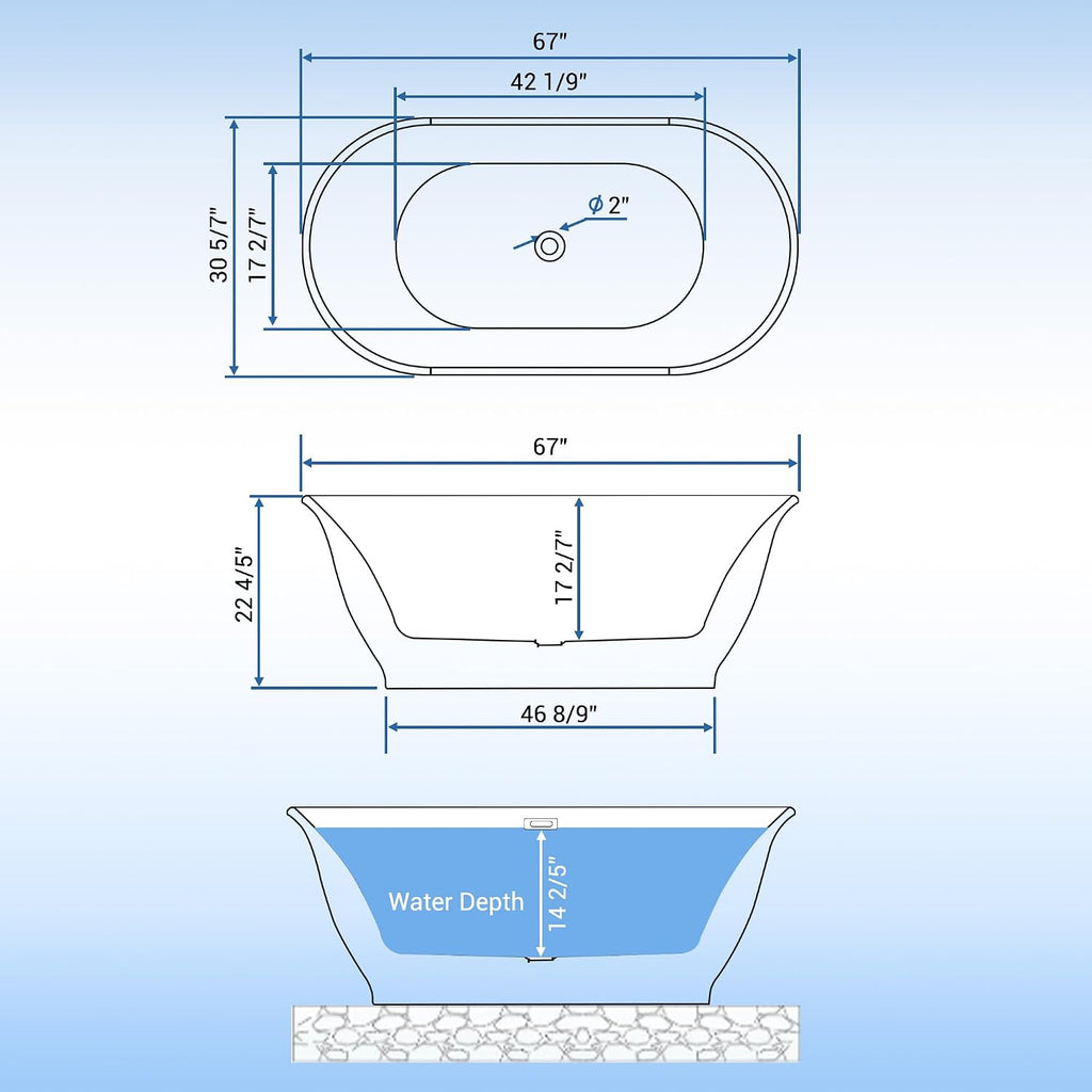 67' Freestanding Acrylic Soaking Bathtub, CUPC Certified Modern Bathtub with Matte Black Drain & Overflow, Glossy White Ergonomic Design for Bathroom