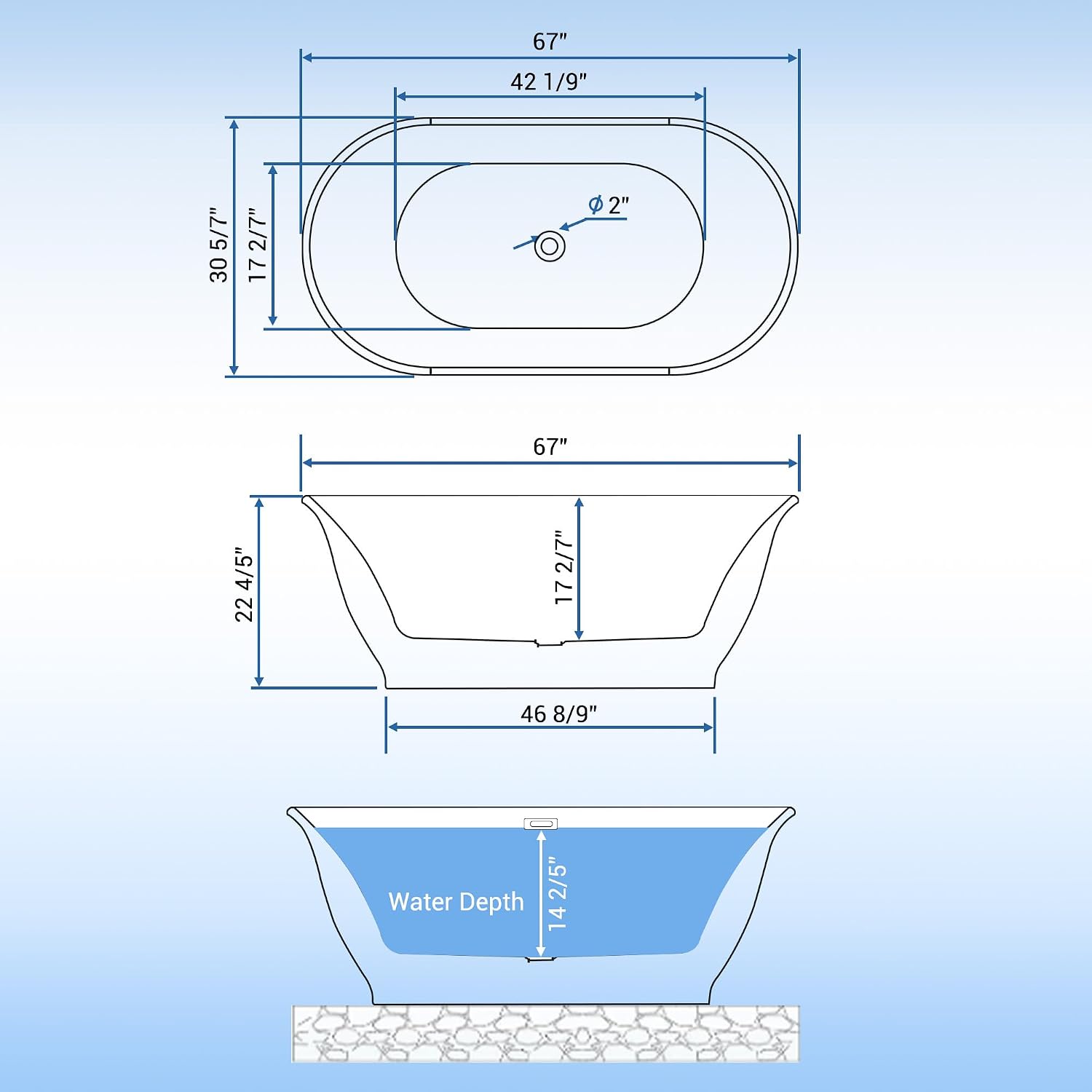 67' Freestanding Acrylic Soaking Bathtub, CUPC Certified Modern Bathtub with Matte Black Drain & Overflow, Glossy White Ergonomic Design for Bathroom