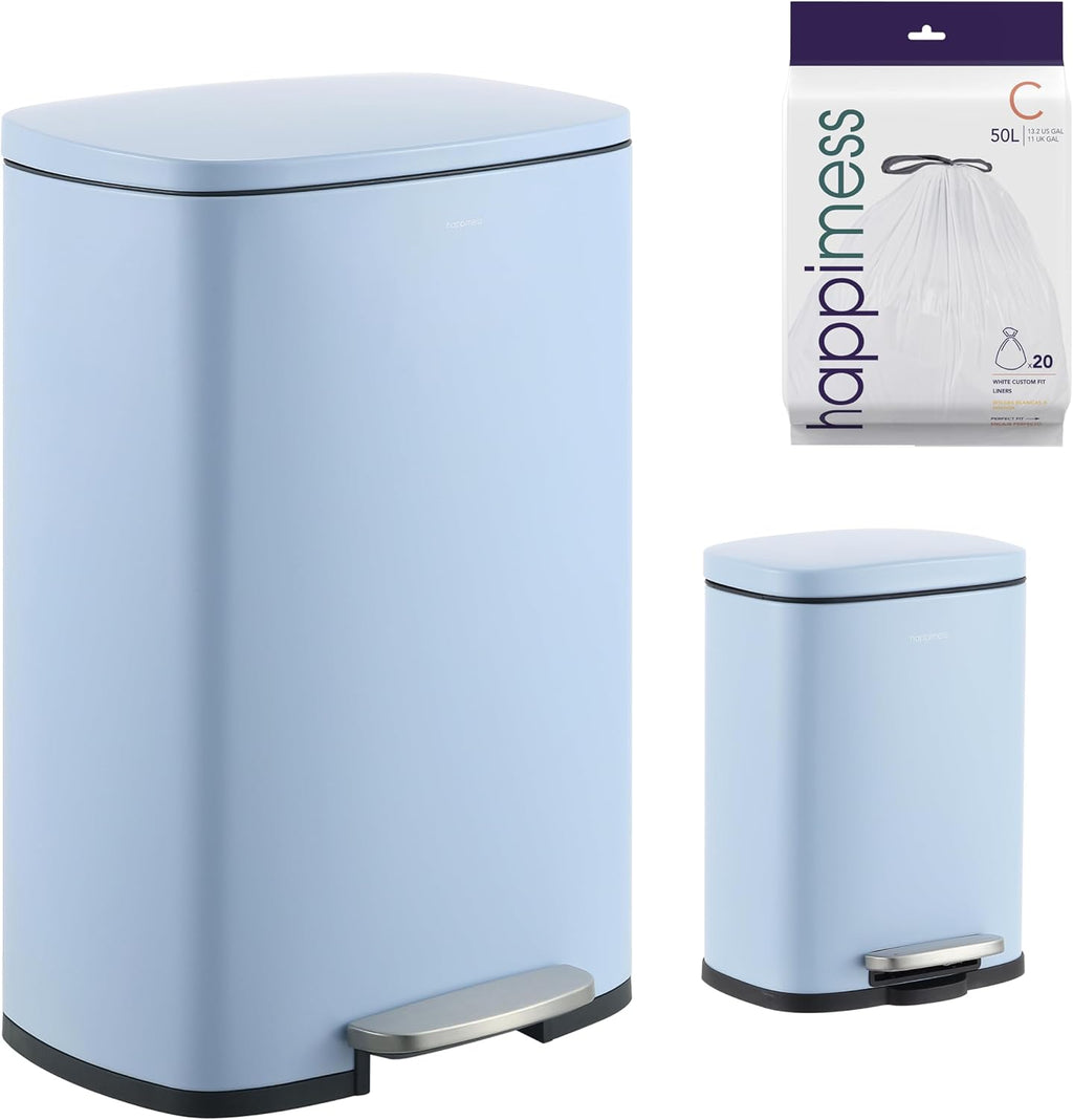 happimess HPM1006H Connor Rectangular 13-Gallon Trash Can with Soft-Close Lid and Free Mini Trash Can, Fingerprint Resistant, Modern, Minimalistic for Home, Kitchen, Office, Bathroom, Tide Pool Blue