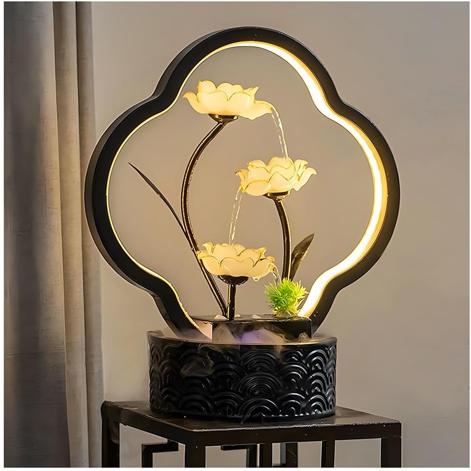 GZHERVICES 3-Tier Tabletop Fountain, Indoor Water Lily Water Serenity Fountain, Zen Meditation Indoor Waterfall Feature with LED Light for Home Office Bedroom Relaxation