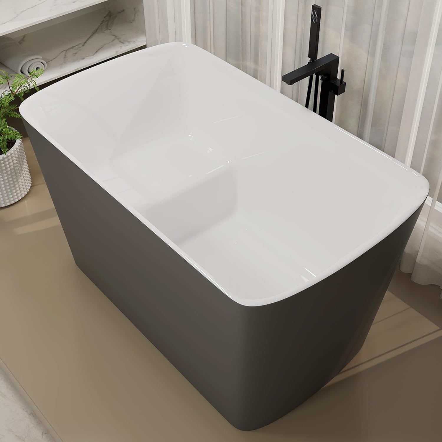 47' Lucite Acrylic Freestanding Bathtub，Square Shape Janpanese Soaking Tub with Seat Desgin,Toe-tap Chrome Right Drain, Slotted Overflow, cUPC Certified, 37° Gray