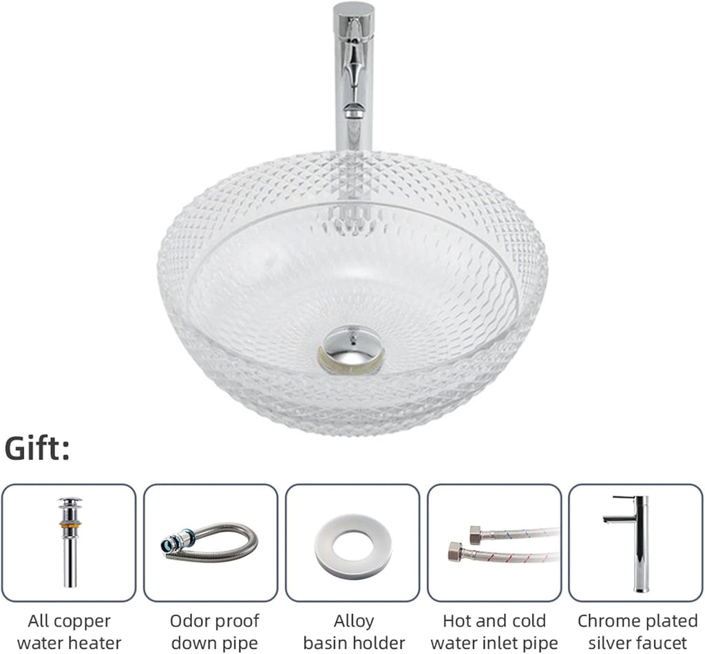 Tempered Glass Vessel Bathroom Vanity Sink Round Bowl, Transparent Above Counter Bathroom Vessel Vanity Sink with Chrome Faucet and Pop-Up Drain Combo,Single Basin Set (Complete Set)