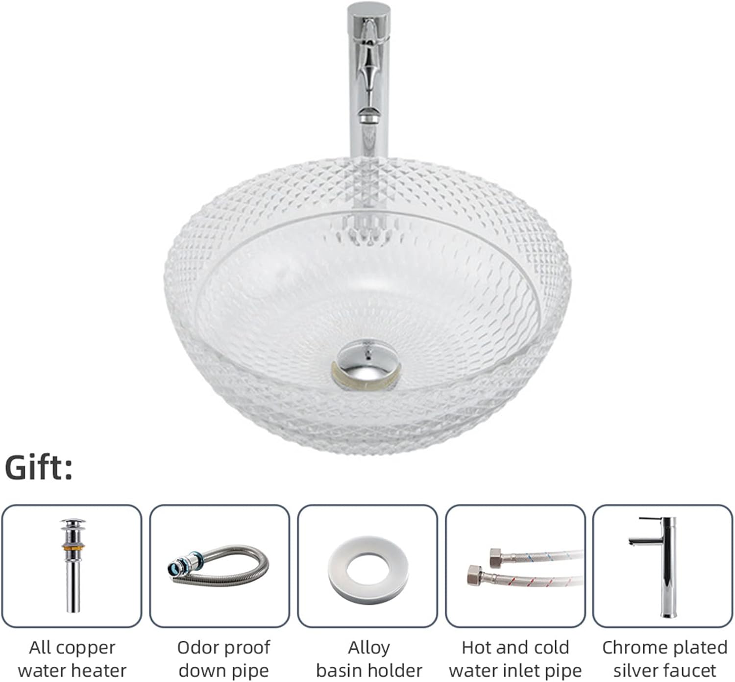 Tempered Glass Vessel Bathroom Vanity Sink Round Bowl, Transparent Above Counter Bathroom Vessel Vanity Sink with Chrome Faucet and Pop-Up Drain Combo,Single Basin Set (Complete Set)