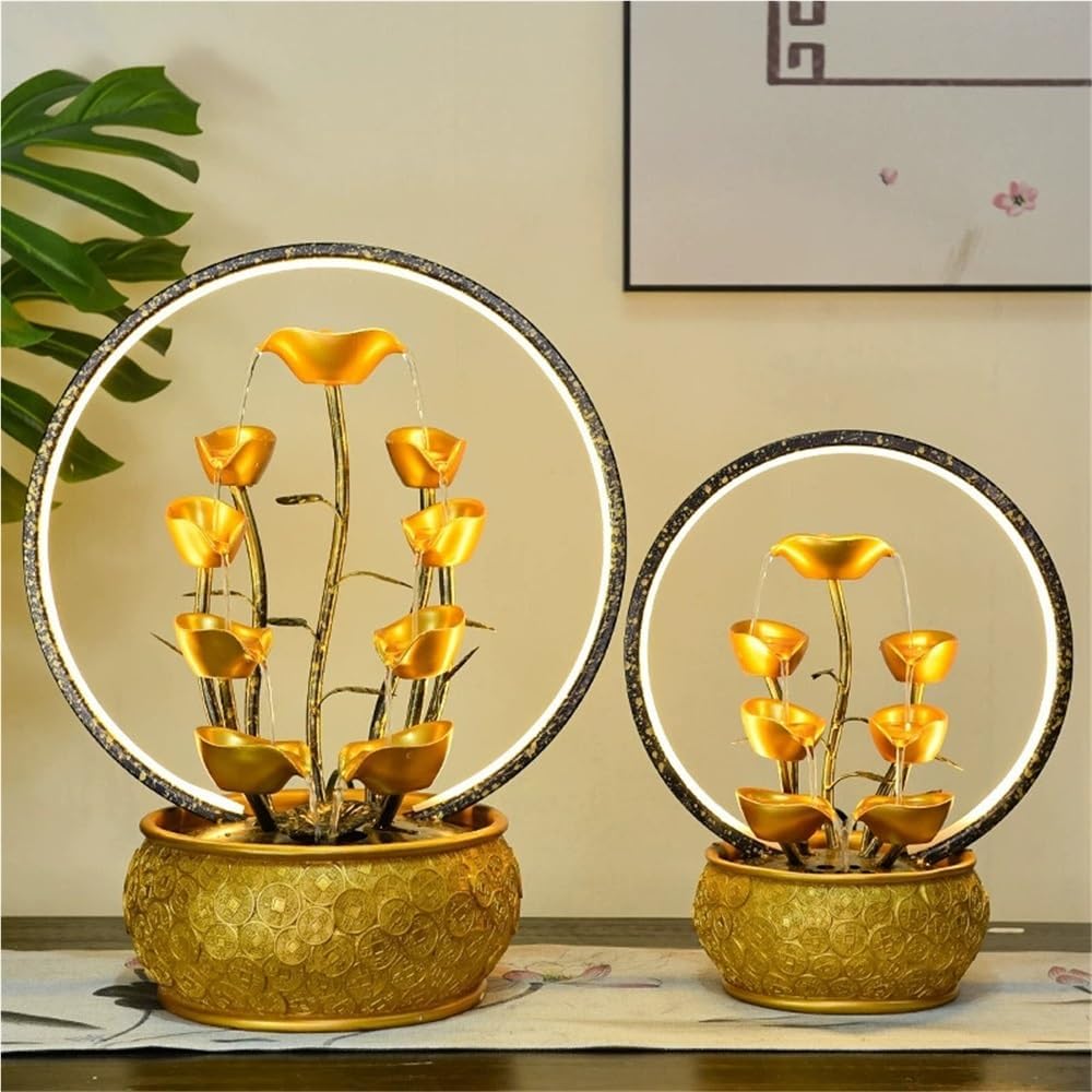 Gold Money Tree Feng Shui Tabletop Fountain with LED Light and Automatic Pump, Wealth Luck Indoor Waterfall Decor, Resin Desktop Water Feature for Home Office Zen Relaxation(Large)