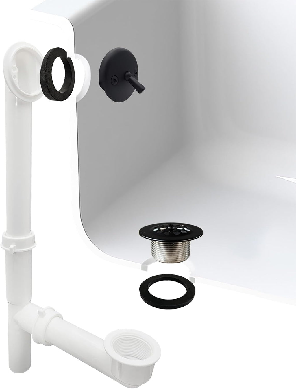 Westbrass 592244-4-62 14' White Poly Tubular Bath Waste & Overflow Assembly with Trip Lever and Strainer Grid Drain Cover, Matte Black (4-Pack)