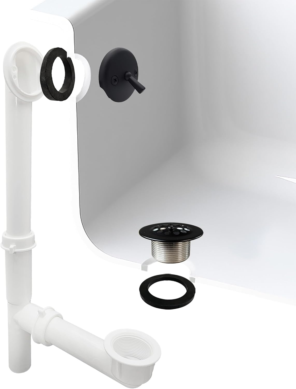 Westbrass 592244-4-62 14' White Poly Tubular Bath Waste & Overflow Assembly with Trip Lever and Strainer Grid Drain Cover, Matte Black (4-Pack)