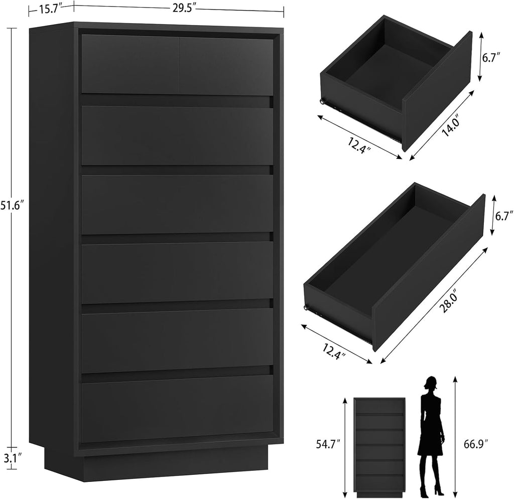 TEENFON 51.6' Tall Dresser for Bedroom with 7 Drawers, Black Dresser with Metal Slide, Bedroom Dressers, Wood Dressers & Chests of Drawers for Bedroom, Hallway, Black