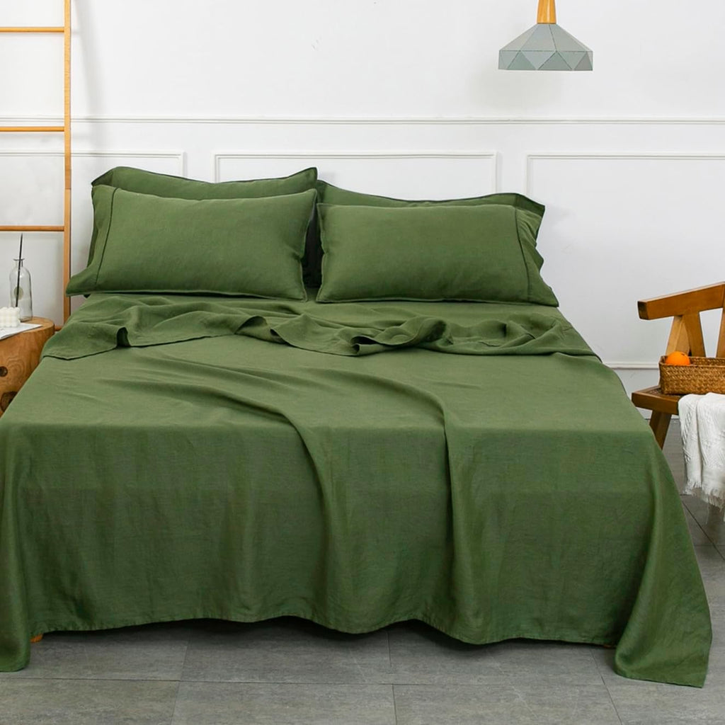 S VICTORY SYMBOL 100% Organic Linen Sheets Set Queen Size 4 Pieces(1 Flat Sheet & 1 Fitted Sheet & 2 Pillowcase) Natural Flax Soft Bedding,GOTS Certified,Deep Pocket Sheet,Juniper Green