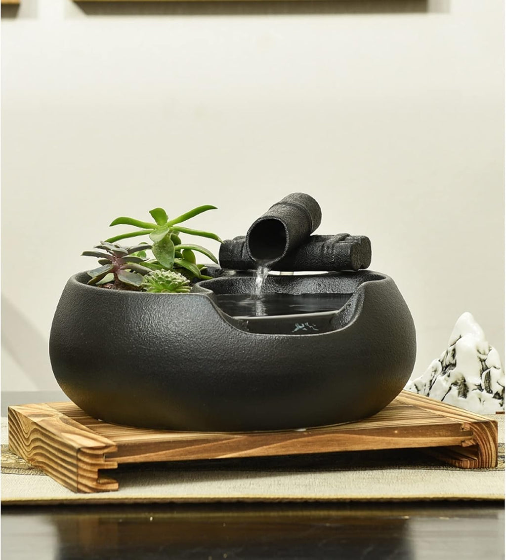 HIHELO Desktop Fountain Ceramic Tabletop Fountain for Indoor and Outdoor Office Patio Black Ceramic Fountain with Pump and Wooden Base Water Fountain Outdoor (Color : A)