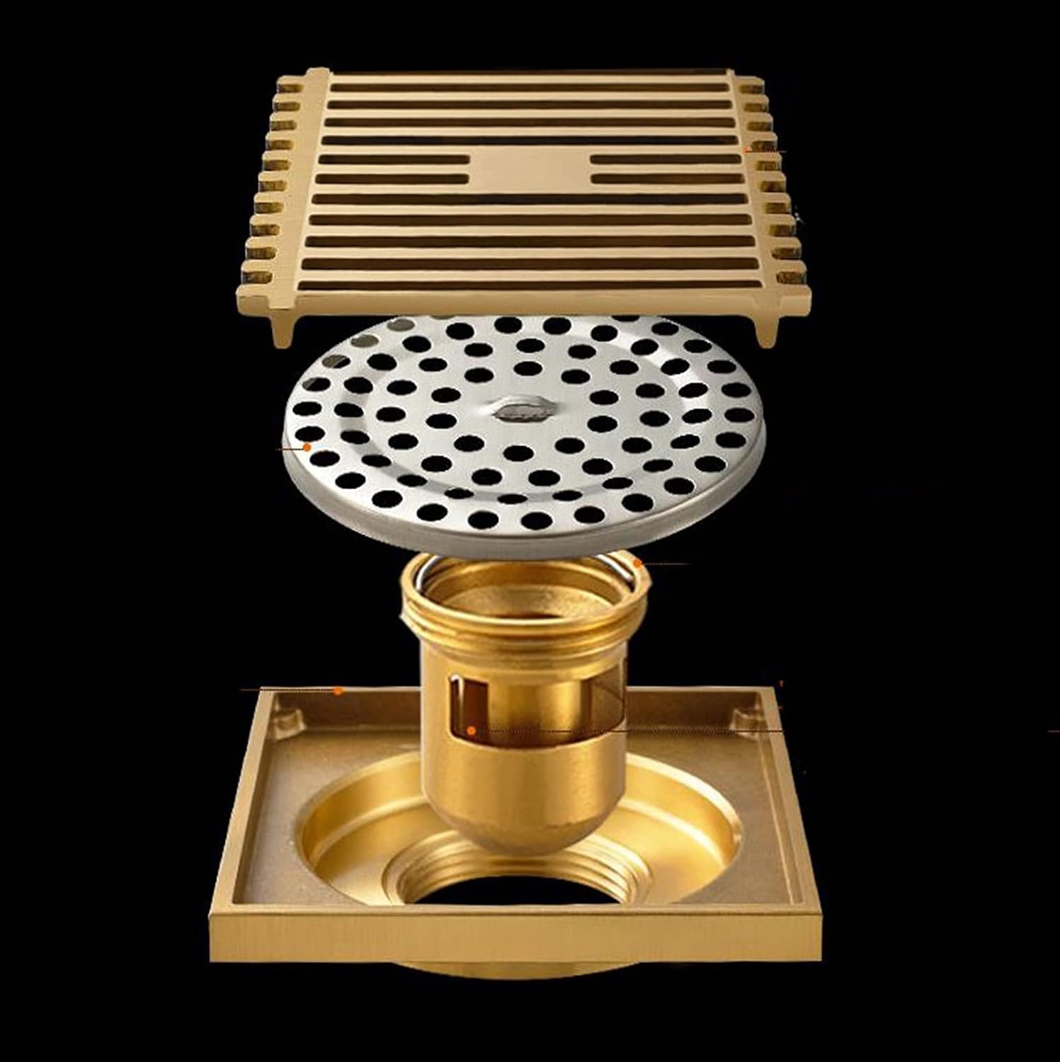 Square Shower Drain with Hair Strainer Brass Floor Drain for Kitchen Washroom Garage Basement Gold Finish 4 Inch