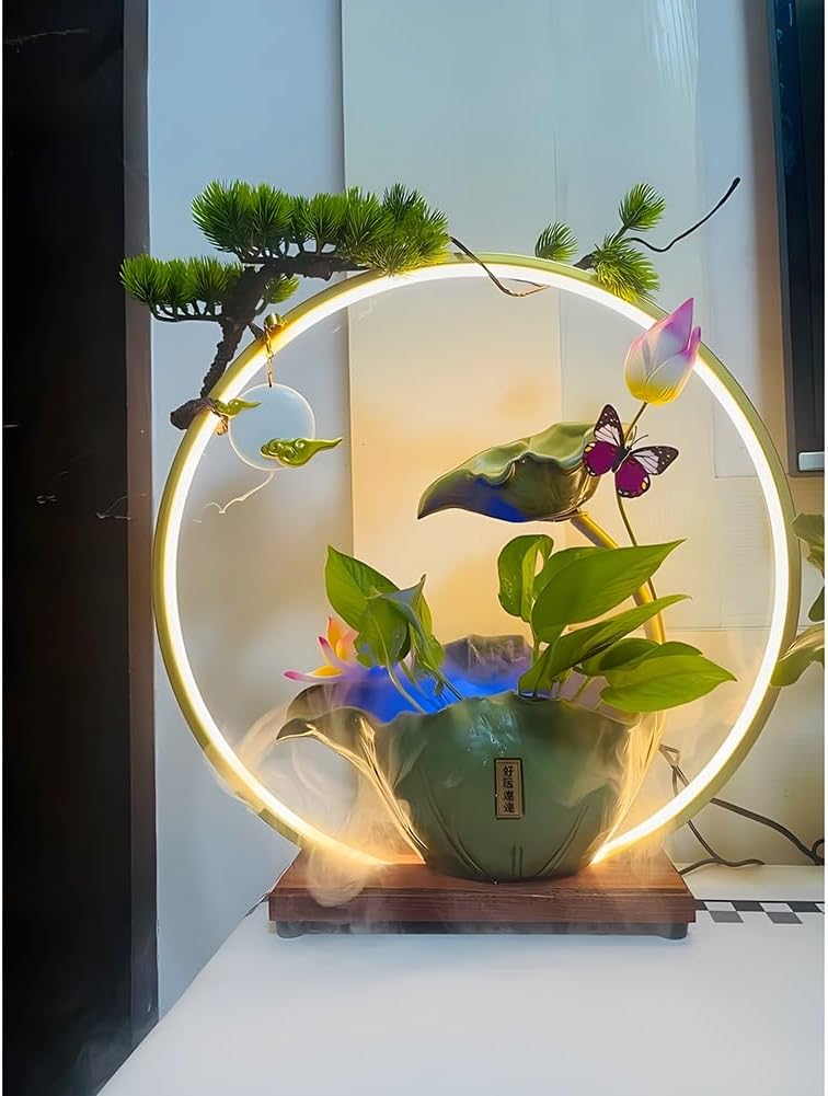 GZHERVICES Tabletop Fountains, 3D Indoor Waterfall with LED Light Ring and Backflow Incense Burner, Indoor Rain Curtain Waterfall Water Feature with Mist