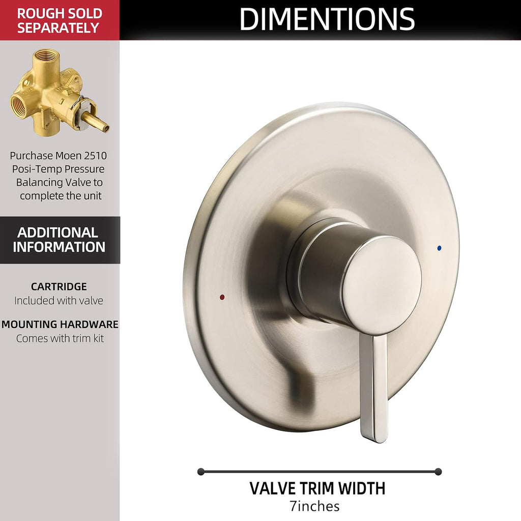 Tearel Replacement for Moen Posi Temp Shower Valve and Trim Kit, Complete Set for Tub and Shower Faucet, Includes Valve Body, Handle, Escutcheon Plate, Tub Spout, Brushed Nickel