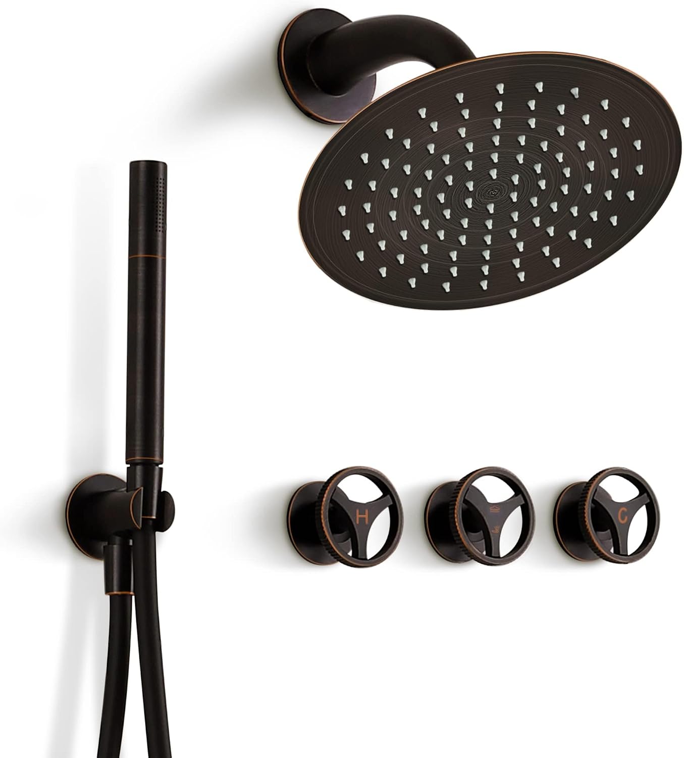 SKOWLL Oil Rubbed Bronze Shower System 3 Handles, Wall Mounted Shower Faucet Set with 10 Inch Round Rain Shower Head and Handheld Spray