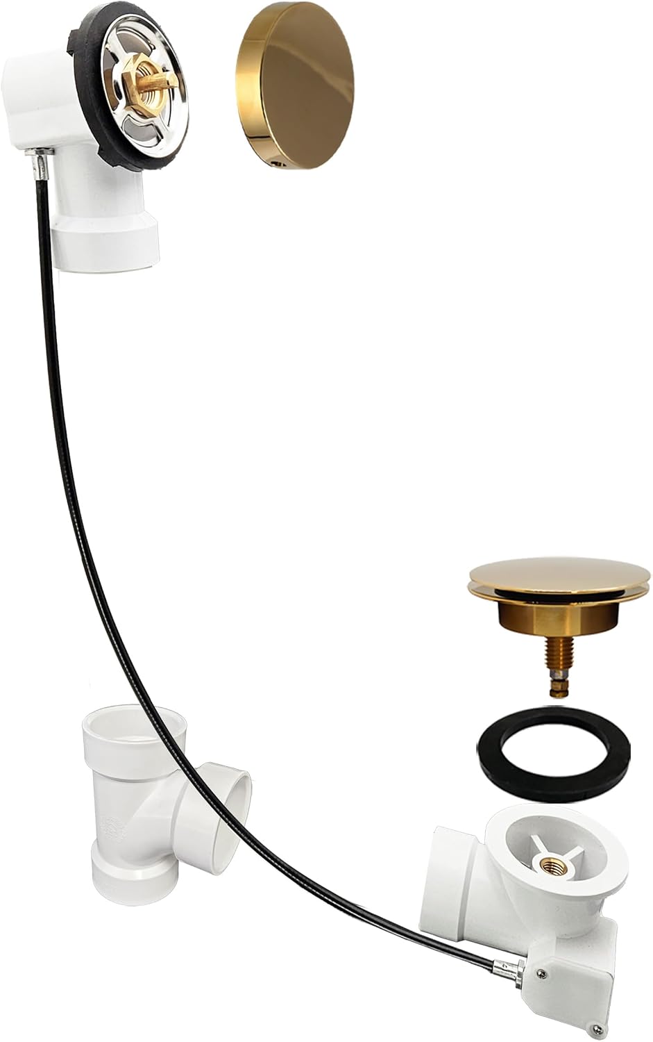Westbrass D50P35SRE-01 35' Cable Drive Bathtub Drain Trim with Rotary Overflow Cover Knob, Pop-Up Stopper Sch. 40 PVC Fittings, Polished Brass