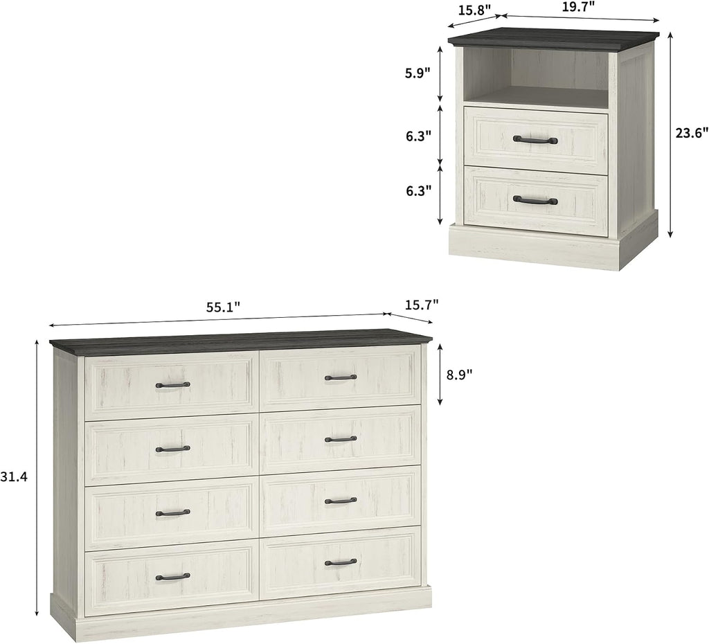 Tradare Farmhouse Dresser and Nightstand Sets 3 Piece, Nightstands Set of 2 & 8 Drawers Dresser for Bedroom, 55' Wide and 24' Inch Night Stand Set for Bedroom, Living Room, Hallway, White