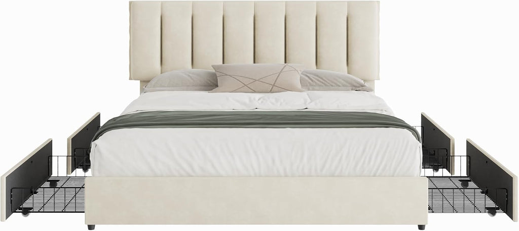 VECELO King Size Bed Frame with 4 Storage Drawers, Adjustable Height Headboard, Heavy-Duty Bedframe with Strong Wooden Slats, No Box Spring Needed, Pale Beige