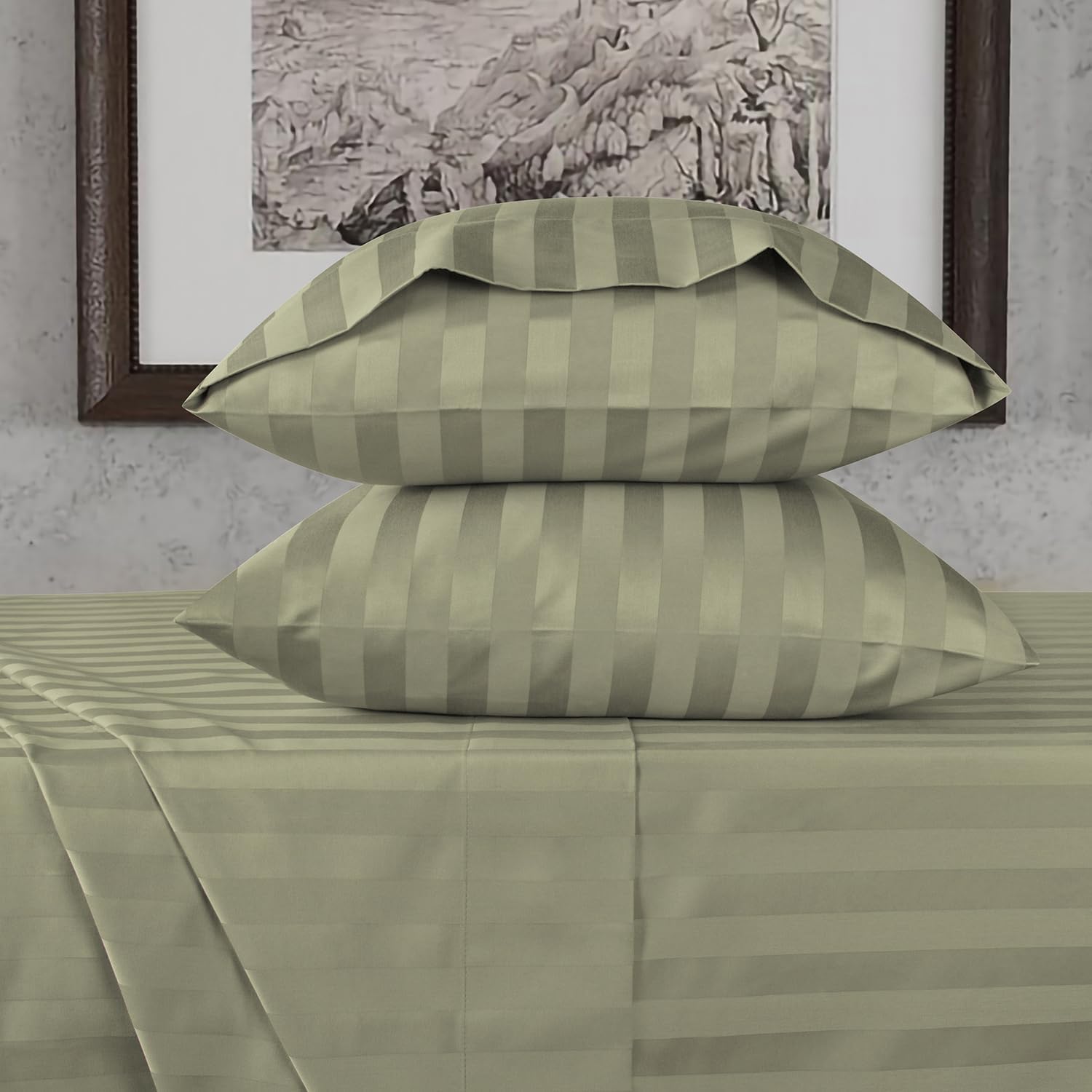 URBANHUT 100% Cotton Damask California King Size, Comfort Series 4Pc Sheet Set for Cal King Size Bed, Sateen Weave Stripe Sheets, 16'' Elasticized Deep Pocket - Sage