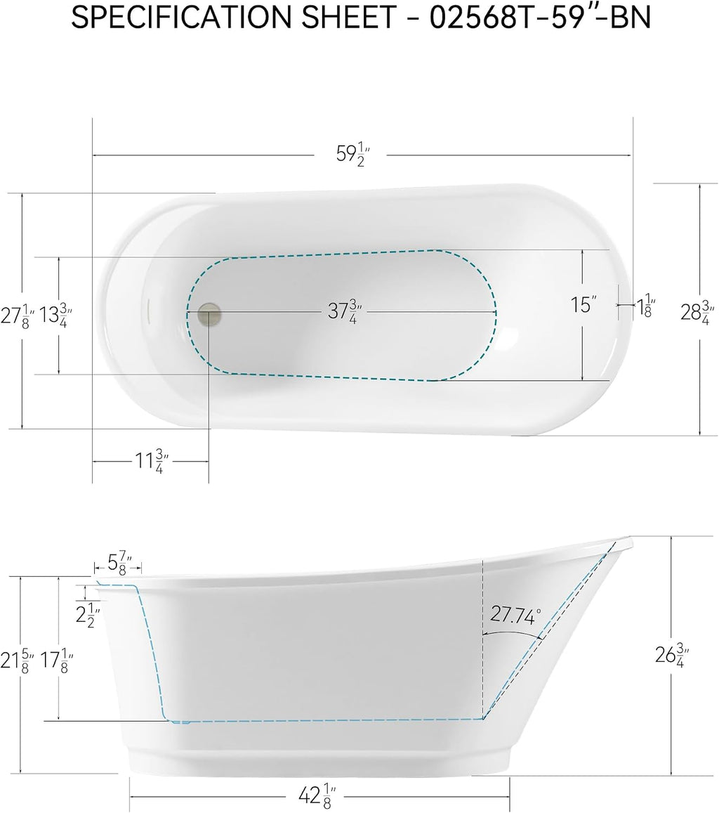 FerdY Langkawi 59' Acrylic Freestanding Bathtub, White Modern Stand Alone Soaking Bathtub, cUPC Certified, Brushed Nickel Drain and Minimalist Linear Design Overflow Included