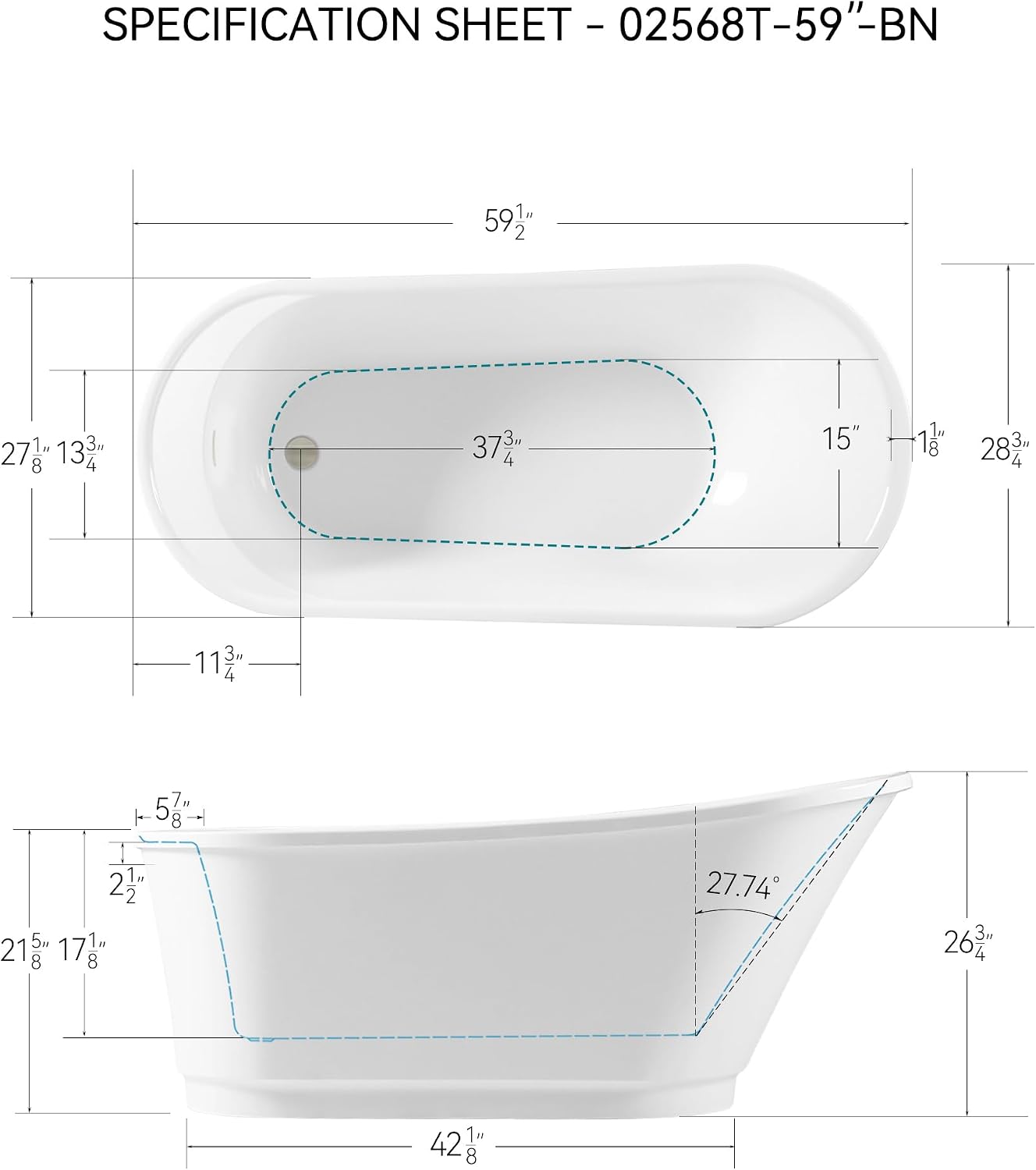 FerdY Langkawi 59' Acrylic Freestanding Bathtub, White Modern Stand Alone Soaking Bathtub, cUPC Certified, Brushed Nickel Drain and Minimalist Linear Design Overflow Included