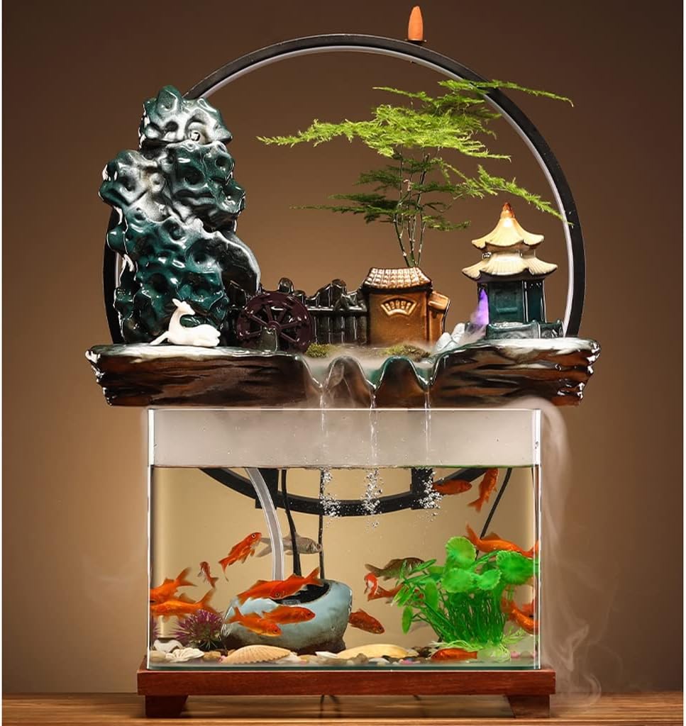 HIHELO Desktop Fountain Tabletop Fountain Ceramic Waterfall Fountain with Lamp Ring and Fish Tank Tabletop Flowing Water Decoration Office Home Decoration Water Fountain Outdoor (Color : A)