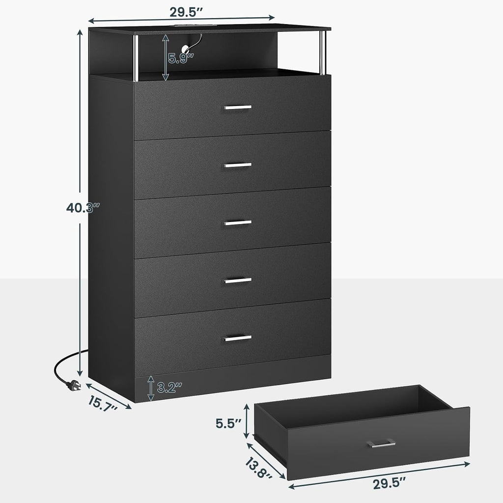 AOGLLATI Black Dresser for Bedroom with Column Design & Charging Station, Led 5 Drawers Tall Dresser for Bedroom,Black