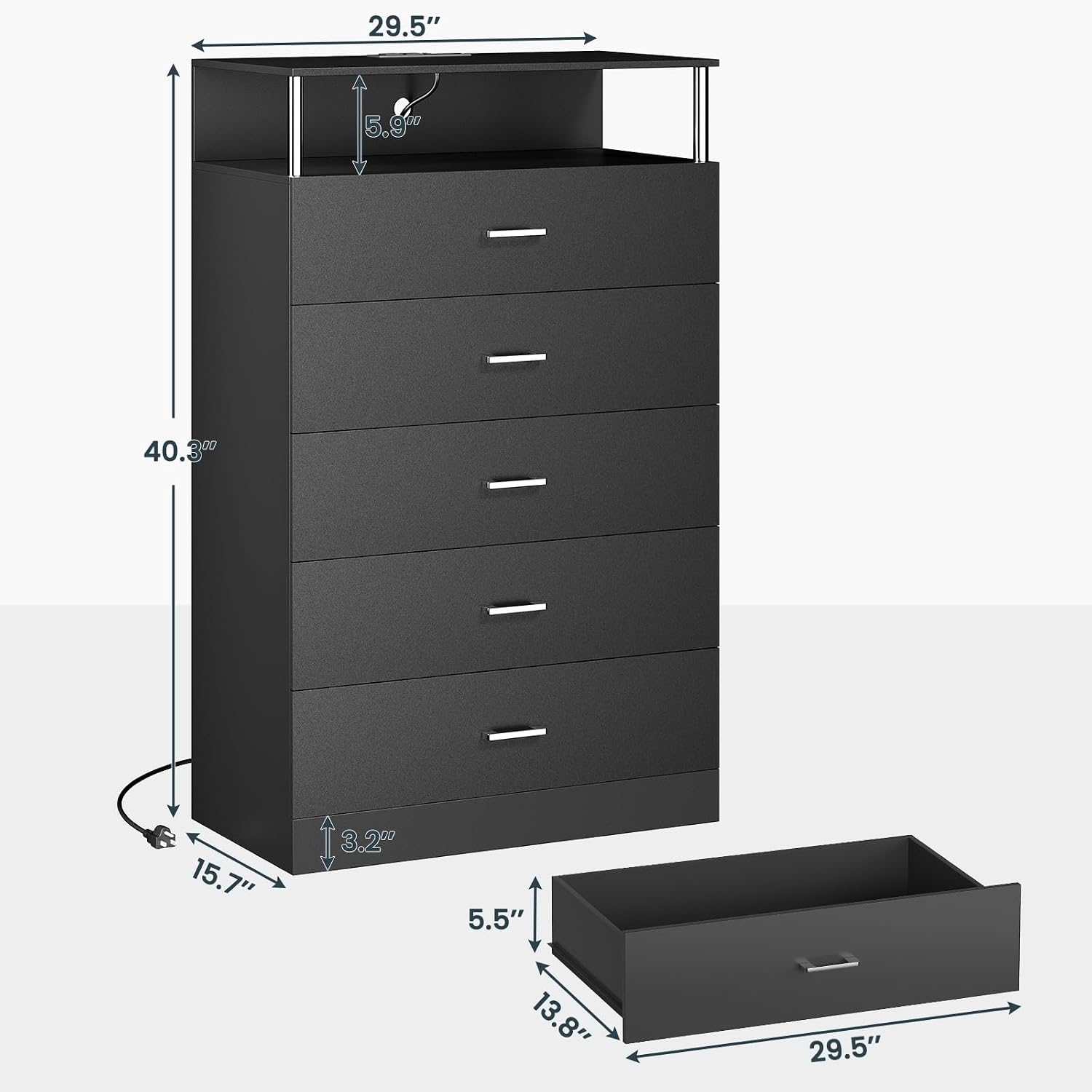 AOGLLATI Black Dresser for Bedroom with Column Design & Charging Station, Led 5 Drawers Tall Dresser for Bedroom,Black