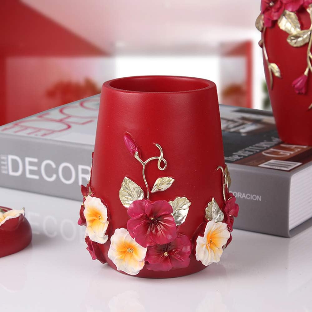 Bathroom Accessories Set Creativity Romantic Wedding Bath Set Resin Bath Ensemble Includes Toothbrush Holder, 2 Tumblers, Liquid Soap Dispenser, Soap Dish,Red