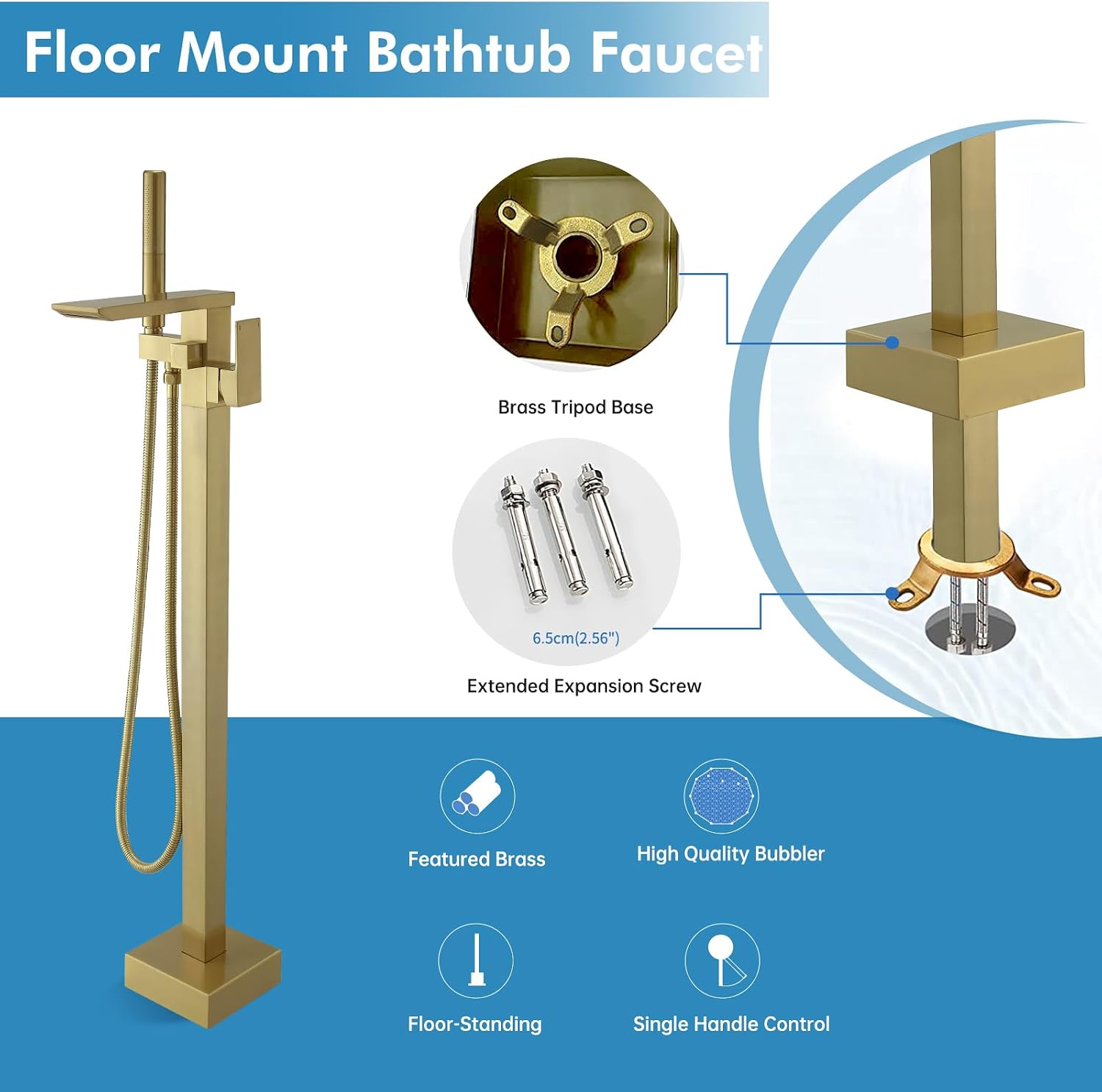 RUMOSE Brushed Gold Bathtub Filler Freestanding Tub Filler Floor Mount Tub Faucet Waterfall Bathtub Faucet with CUPC Certified High Flow Brass Bath Shower Faucets with Handheld Sprayer