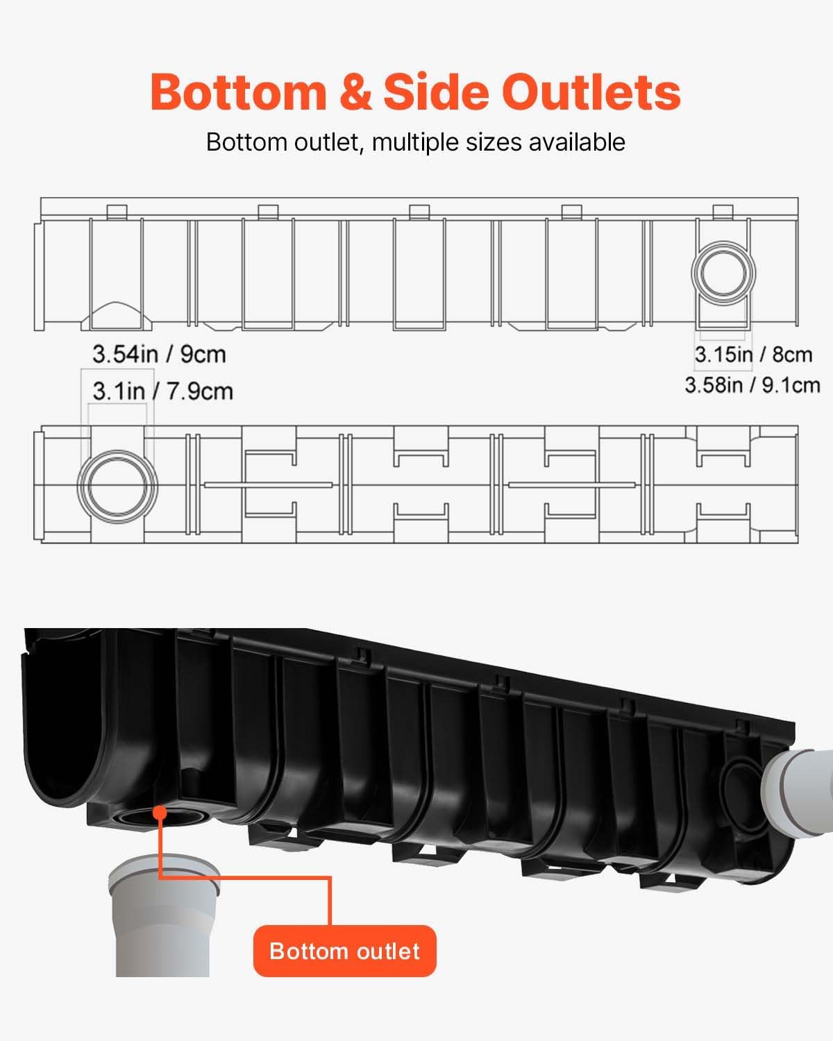 VEVOR Trench Drain System 5 Pack, Channel Drain with Plastic Grate 5.9 x 7.5 in HDPE Drainage Trench, Black Plastic Garage Floor Waterway 5 x 39 in with 5 End Caps for Garden Driveway