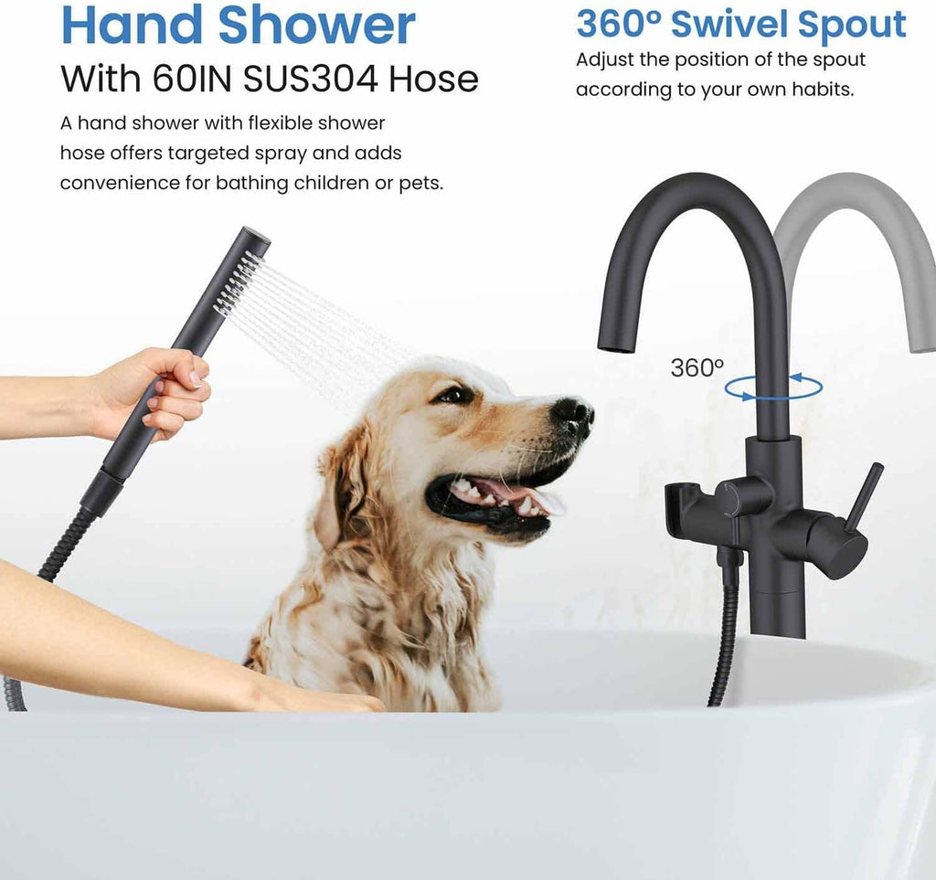 KIBI Circular Floor Mount Bathtub Faucet with Hand Shower Single Handle Freestanding Tub Filler Modern Bath Faucet Matte Black Finish Solid Brass KTF301