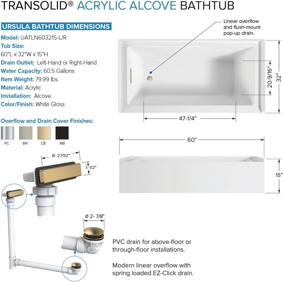 Transolid Unity 60 x 32 x 15 in. Acrylic Alcove Bathtub with Left-Hand Drain, White/Champagne Bronze