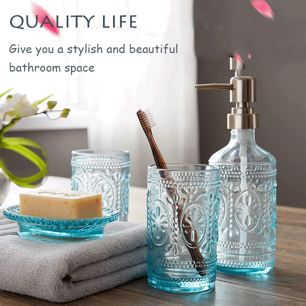 4 Pcs Blue Glass Bathroom Accessories Set,Soap Dispenser W/Vintage Embossed,Gift for Home Apartment Bathroom Decor,Baroque Style