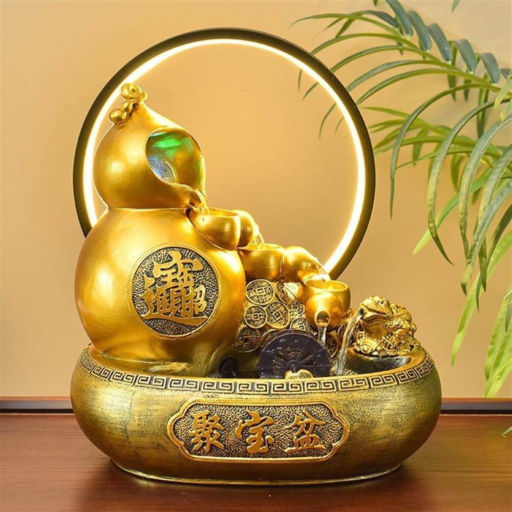GLigeT Tabletop Fountain Wealth Attracting Feng Shui Wheel Gourd Flowing Water Ornaments Circulating Water Features Living Room Desktop Decorative Water Fountain Decor