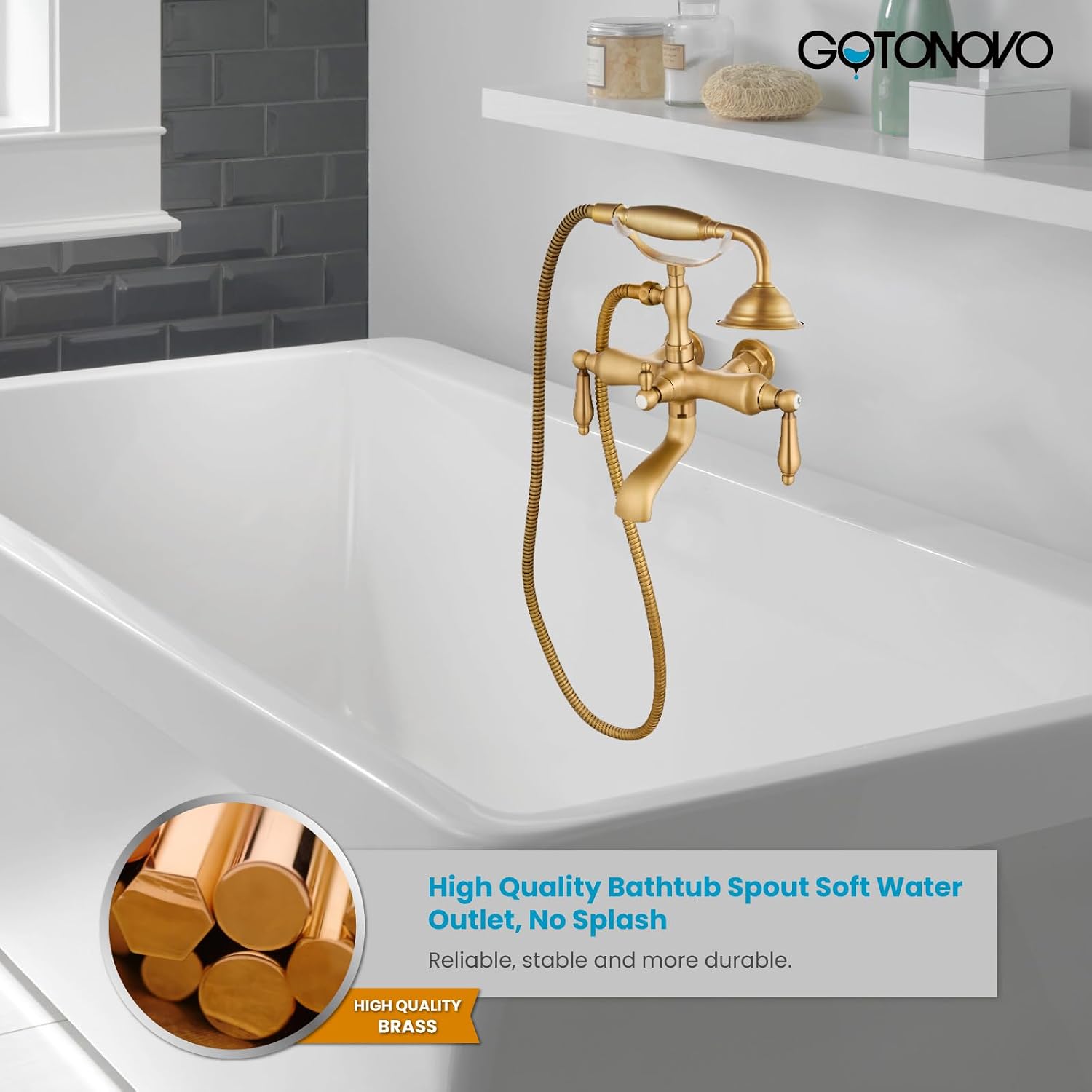 gotonovo 3 3/8 Vintage Bathtub Filler Wall Mount Clawfoot Tub Faucet Shower Kit with Handheld Shower 2-Functions Double Level Handle Modern Telephone Handheld Shower Antique Brass