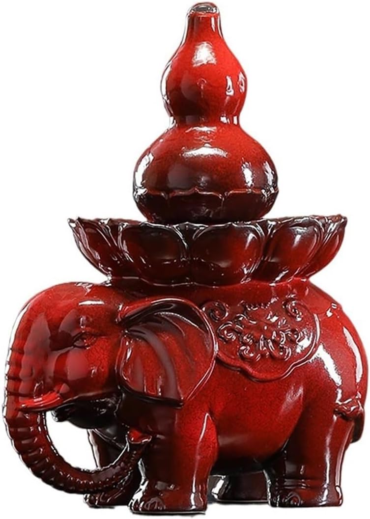 Tabletop Chinese Style Water Tabletop Fountain Ceramic Elephant Flowing Water Ornament Decor(Red)