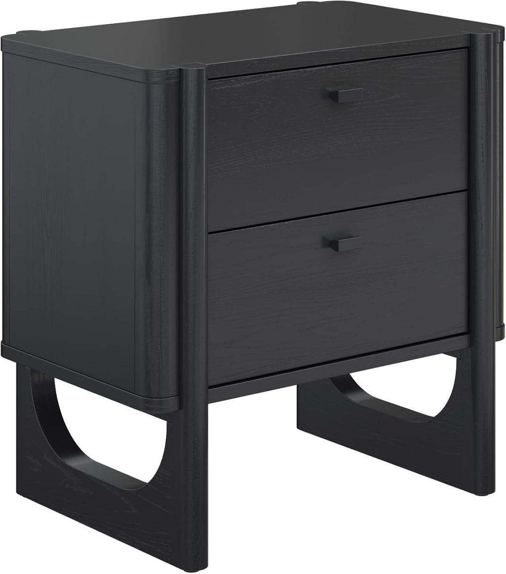 Nathan James Solace Mid Century Modern 2 Drawer Nightstand with Solid Wood Frame and Rounded Details, Black