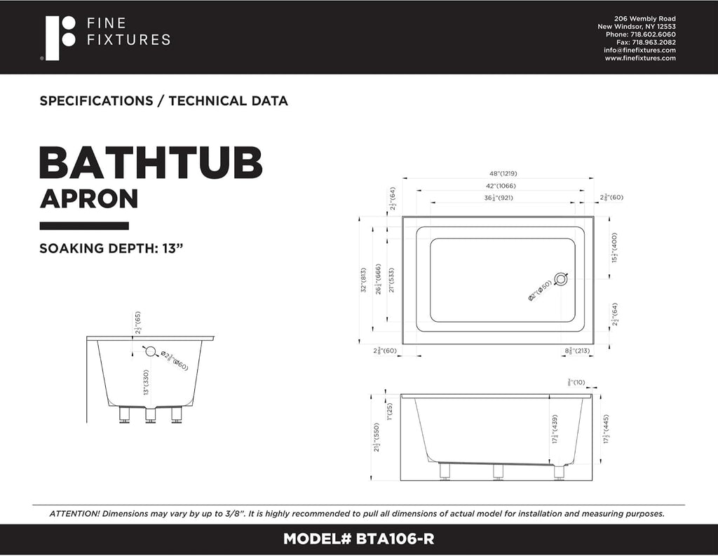 Fine Fixtures Acrylic, Fiberglass Alcove Soaking Bathtub with Integral Apron Front in Glossy Black - Right Hand Drain, 48' x 32'