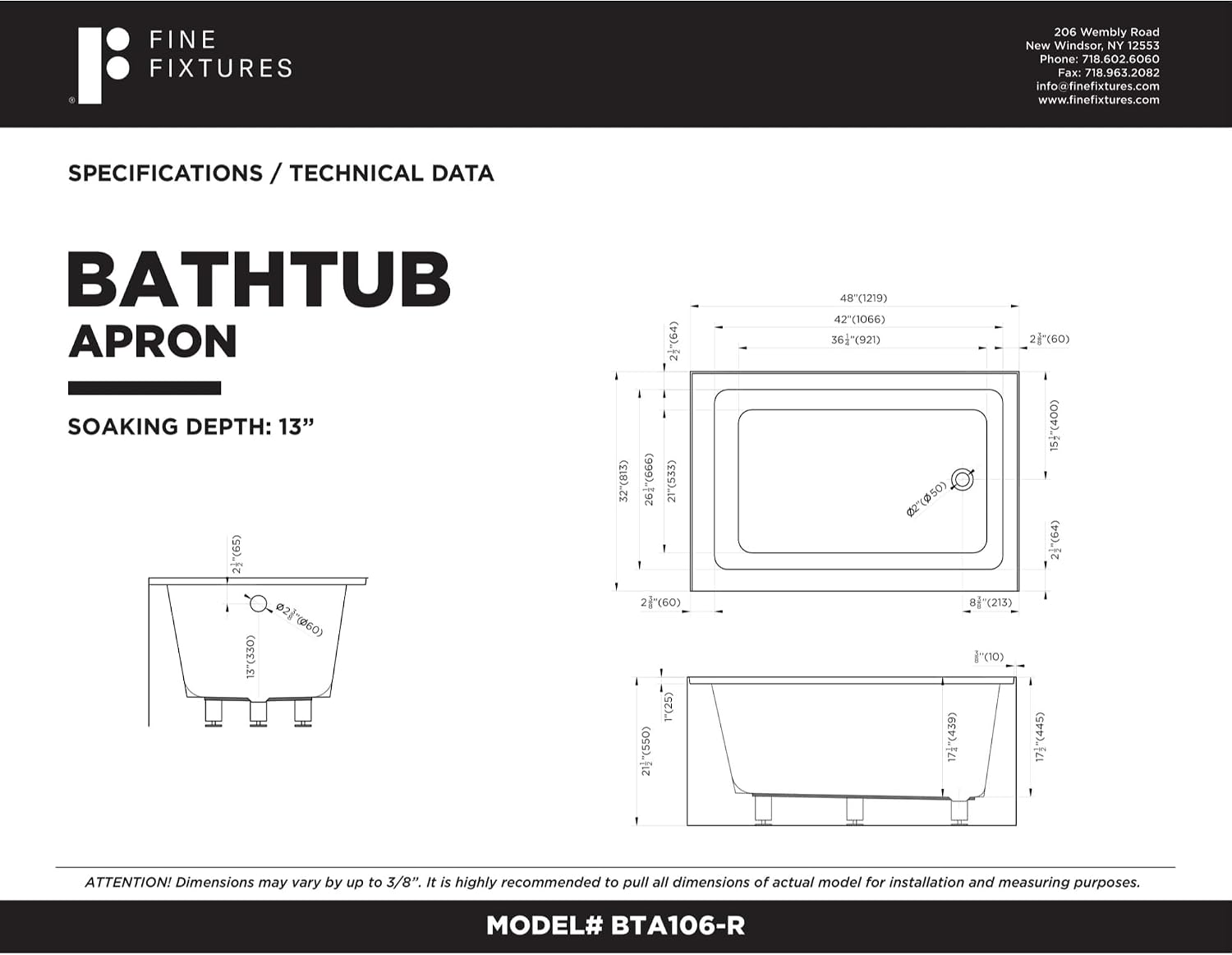 Fine Fixtures Acrylic, Fiberglass Alcove Soaking Bathtub with Integral Apron Front in Glossy Black - Right Hand Drain, 48' x 32'