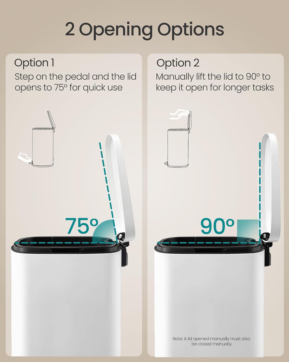SONGMICS 20-Gallon (75 L) Trash Can, Stainless Steel Kitchen Garbage Can, Recycling or Waste Bin, Soft Close, Step-On Pedal, Removable Inner Bucket, White ULTB075WZ01