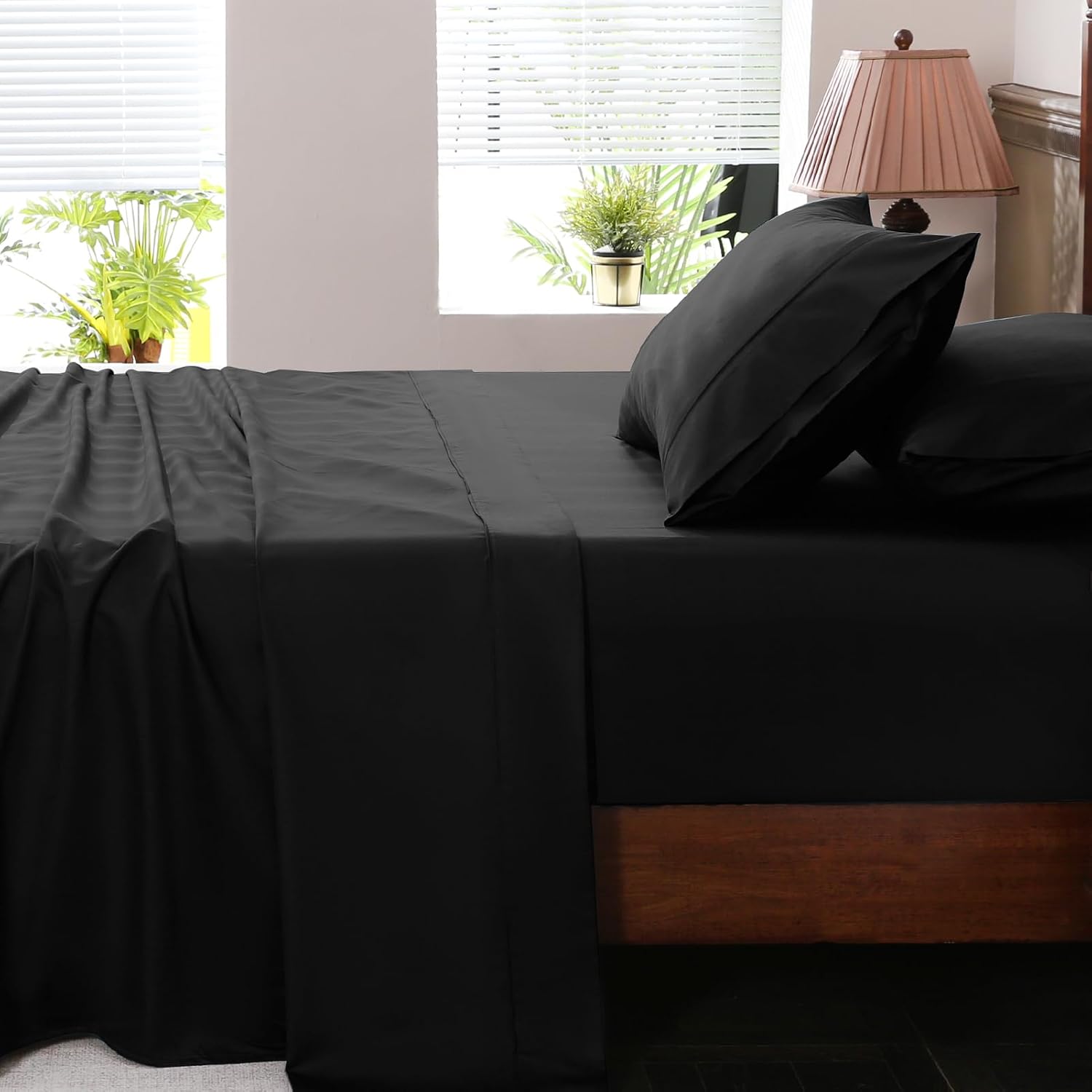 Extra Deep Pocket California King Sheets 18-24 Inch 100% Egyptian Cotton 1000 Thread Count Sateen Weave Soft Breathable 4 Pieces（Cal King,Black）