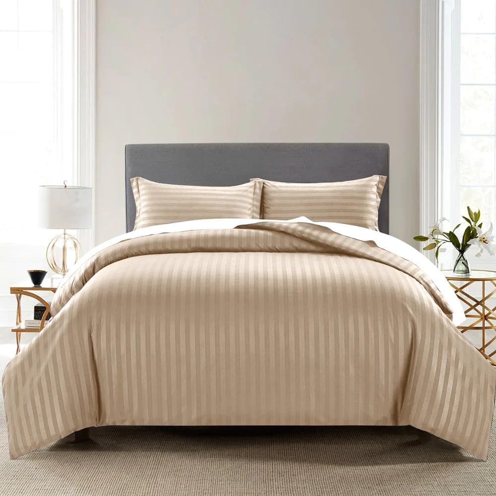 1000 Thread Count Damask Stripe 5 Piece Duvet Cover Set King Size 104x94 Inch 100% Egyptian Cotton Soft & Breathable (1 Duvet Cover & 4 Pillow Shams) Zipper Closure & Corner Ties, Beige Striped