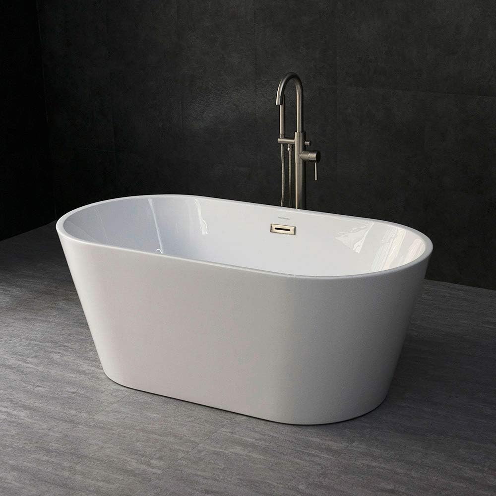 WOODBRIDGE 59' Acrylic Freestanding Bathtub Contemporary Soaking Tub with Brushed Nickel Overflow and Drain B0014B,White