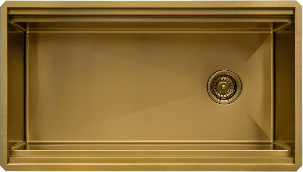 Ruvati 33-inch Polished Brass Matte Gold Stainless Steel Workstation Two-Tiered Ledge Undermount Kitchen Sink - RVH6222GG