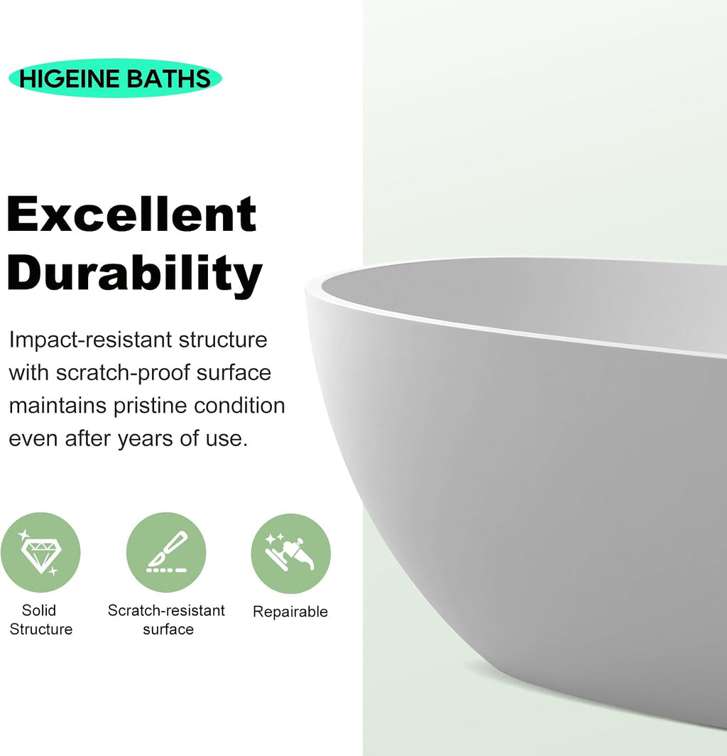 49' Premium Solid Surface Freestanding Bathtub, Upgraded Round Soaking Deep Stone Resin Tub with Overflow and Pop-up Drain, Matte White