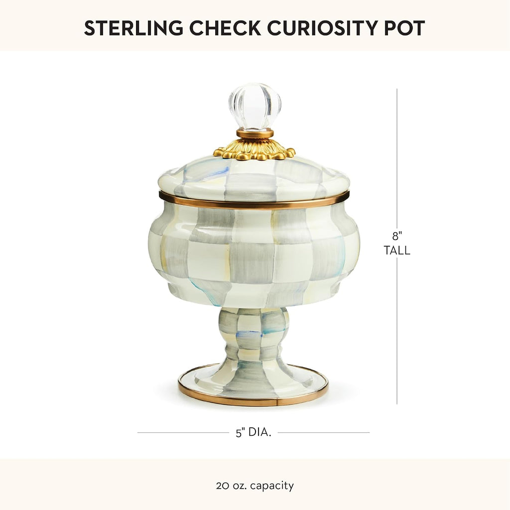MACKENZIE-CHILDS Enamel Curiosity Pot, Decorative Container for Home Decor, Gray-and-White Sterling Check