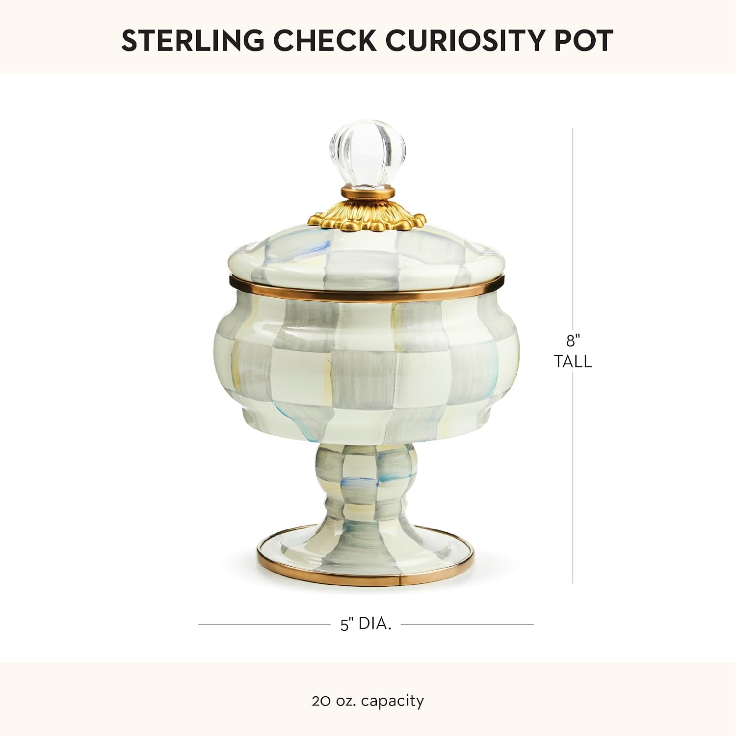 MACKENZIE-CHILDS Enamel Curiosity Pot, Decorative Container for Home Decor, Gray-and-White Sterling Check