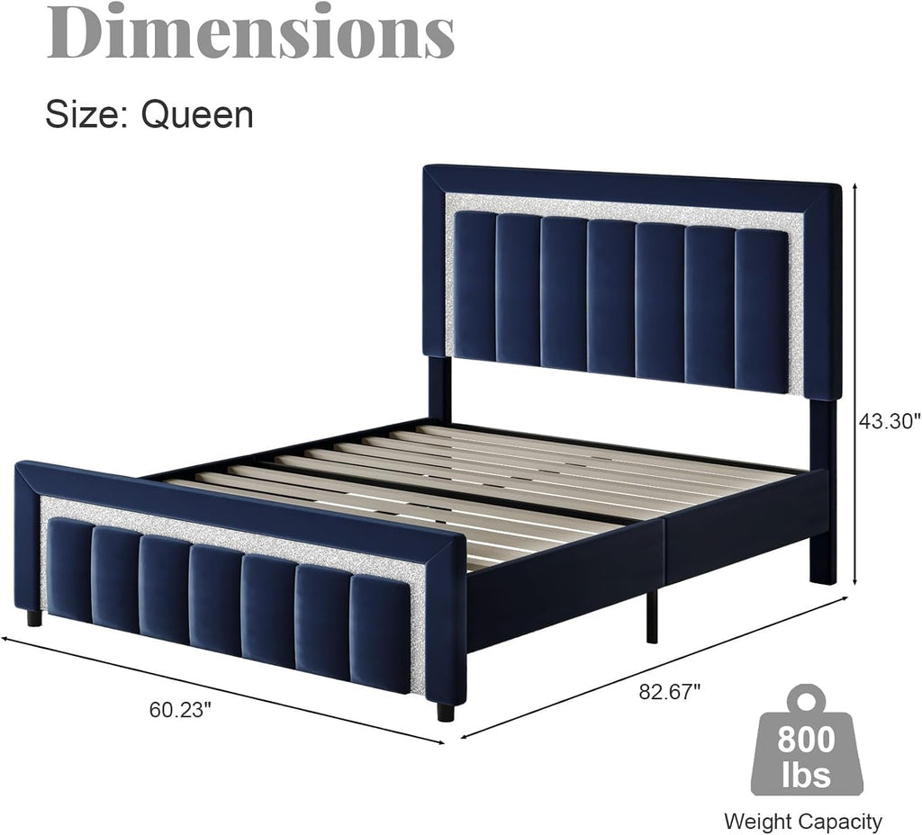 HOMBCK Queen Bed Frame with Headboard and Footboard and Footboard, Velvet Upholstered Platform Bed Frame with Diamond Design, No Box Spring Needed, Easy Assembly, Blue