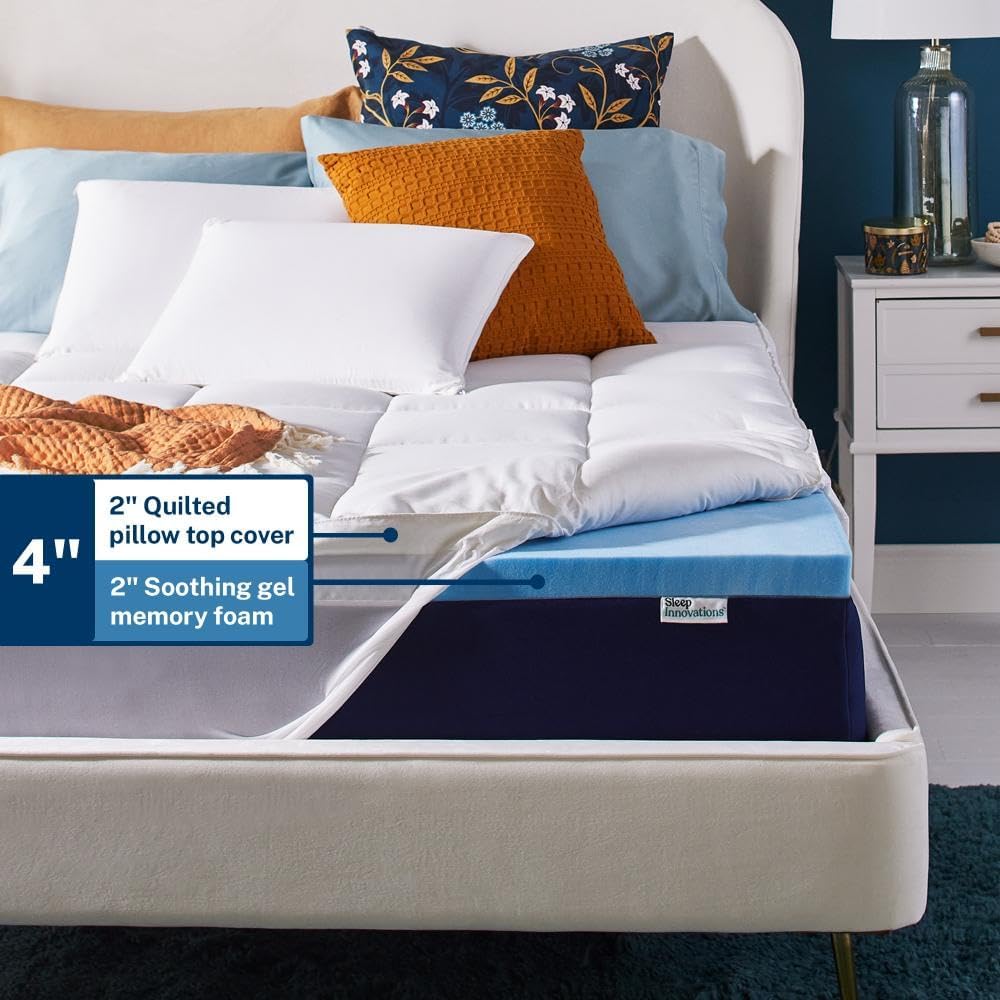 Sleep Innovations Dual Layer 4 Inch Memory Foam Mattress Topper, California King Size, Medium Support, 2 Inch Cooling Gel Memory Foam Plus 2 Inch Pillow Top Cover