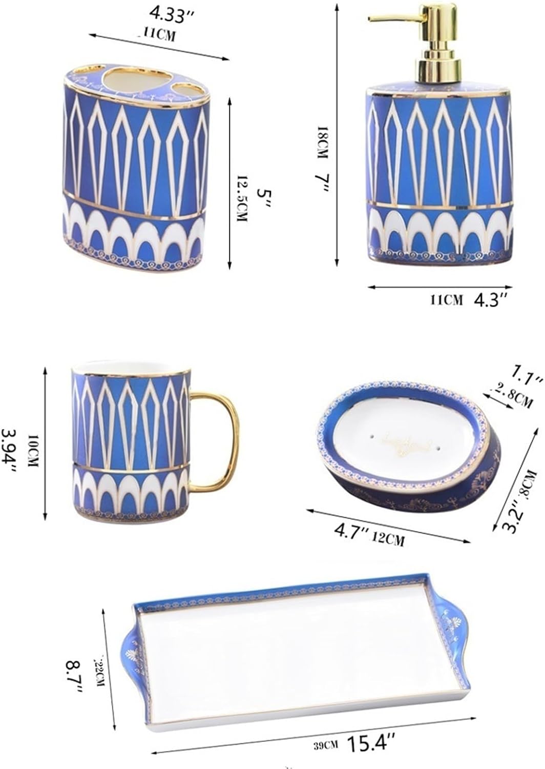 Ceramics Bathroom Accessories Set 6-Piece Soap Dispenser，Toothbrush Holder，Toothbrush Cup，Soap Dish，Tray Bathroom Accessory Sets Blue Bath Set