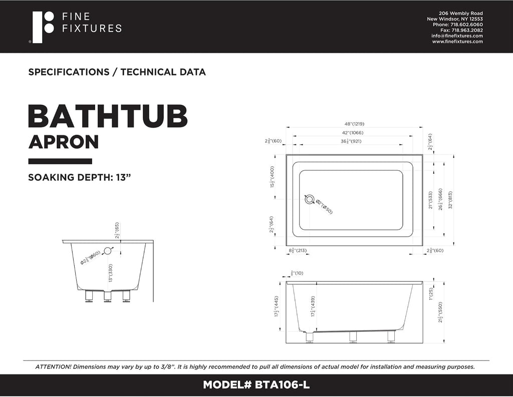 Fine Fixtures Acrylic, Fiberglass Alcove Soaking Bathtub with Integral Apron Front in Glossy Black - Left Hand Drain, 48' x 32'